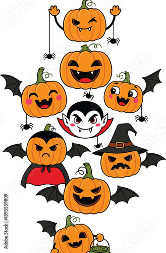 Cute Halloween Pumpkin Character Illustration Set Featuring Funny Jack O Lantern Faces, Vampire Bat Elements, and Spooky Cartoon Vector Style