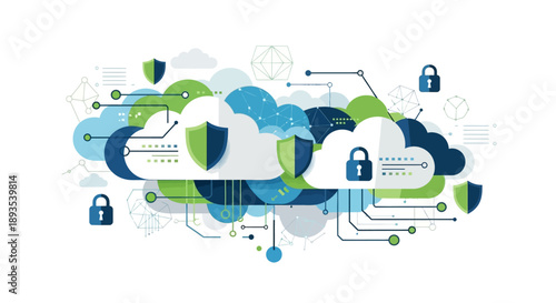 Illustration of cloud computing security elements with padlocks and icons representing firewall and IT technology.