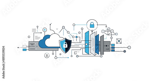 Vector illustration of cloud computing security elements with icons and firewall protection in America.