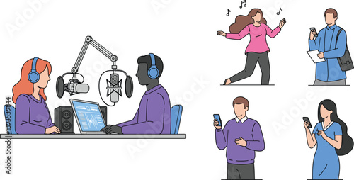 Modern Digital Communication and Content Creation People Illustration Set Featuring Podcast Recording, Smartphone Usage, Online Media, and Influencer Activities