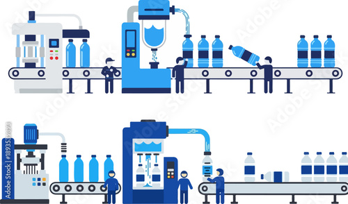 Industrial machinery illustrates the automated process of filling and capping plastic water bottles on a modern factory assembly line