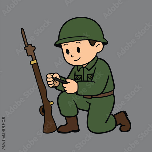Vector illustration of a cartoon soldier and hunter standing in uniform with a rifle and shotgun weapon for military occupation character