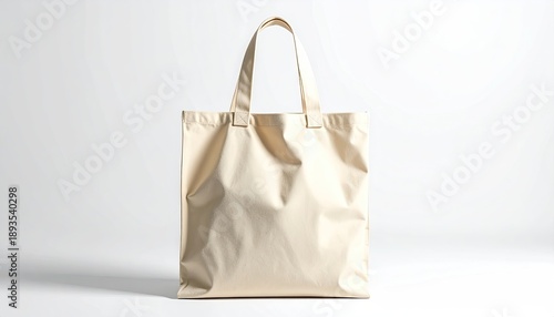 A plain, cream-colored tote bag hangs against a clean white backdrop