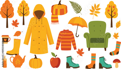 Autumn Cozy Lifestyle Illustration Set with Fall Clothing, Pumpkin, Umbrella, Armchair, Boots, Leaves, and Seasonal Home Comfort Elements Vector