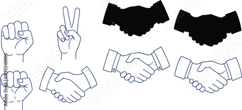 Business handshake and hand gesture vector collection featuring agreement partnership symbols fist and peace sign icons in outline and silhouette styles for corporate communication.