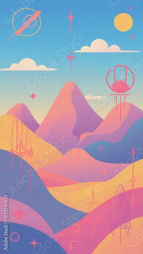 Abstract Pastel Sci-Fi Landscape with Stylized Mountains, Spacecraft and Geometric Symbols in a Dreamy Alien World