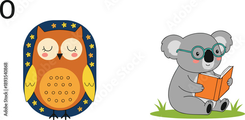 Cute Educational Animal Illustration Set with Sleeping Owl and Reading Koala Character for Kids Learning, Nursery, and Storybook Vector Designs
