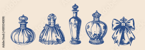 vintage rococo perfume bottle illustrations, hand drawn engraving style, delicate line art, ornate glass bottles with bows and ribbons, antique luxury aesthetic, monochrome blue ink on warm cream pape