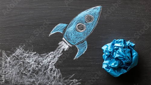 Business Launch and Creative Ideas Concept with Chalk Drawing of a Rocket and Crumpled Blue Paper on Blackboard