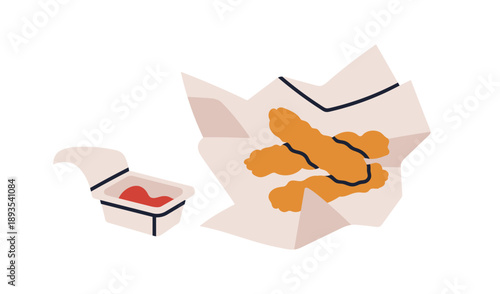 Chicken strips, tenders on paper and dip sauce. Fast food, fat snack. Crispy breaded meat, nuggets with ketchup. Deep fried meal, eating. Flat vector illustration isolated on white background