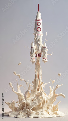 Conceptual Rocket Launching from a Thick Splash of White Milk Liquid Against a Plain Background
