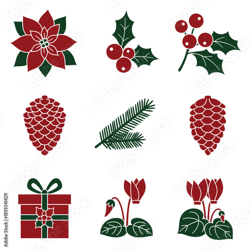 A unified set of nine minimalist duotone graphic icons illustrating winter holiday botany, including poinsettia, holly, cyclamen, and a gift box, styled in Deep Red and Forest Green