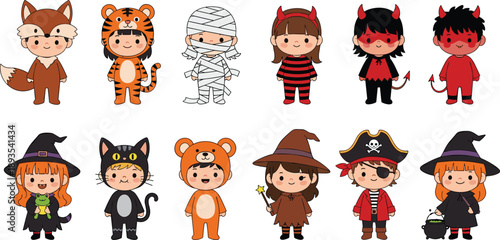 Cute Kids Halloween Costume Characters Set with Animals, Monsters, Pirates, Witches, and Devils in Cartoon Style Vector Illustration
