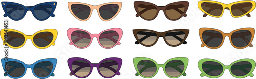 Colorful cat eye sunglasses vector set isolated on white background fashion eyewear flat illustration collection