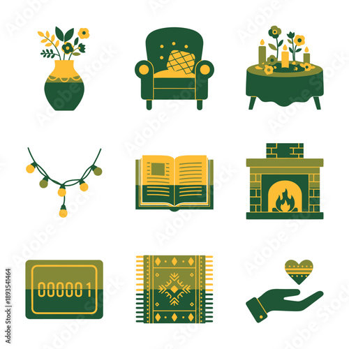 Cozy home interior symbols illustrated as a duotone flat graphic icon set using a minimalist geometric style in Deep Emerald Green and Bright Saffron Yellow