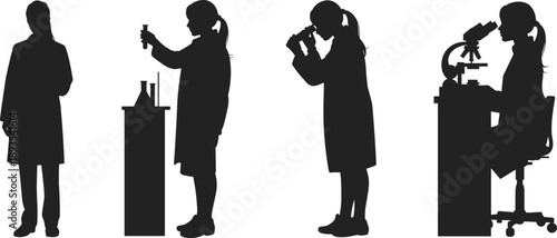 Black silhouette female scientists conducting laboratory research with microscope test tubes, women researchers performing scientific experiments isolated science education concept