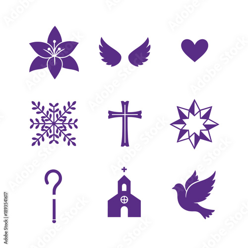 Minimalist flat graphic illustration featuring nine symbolic spiritual and peace icons like a cross, dove, heart, and lily bloom, rendered in a striking royal purple and silver white duotone palette