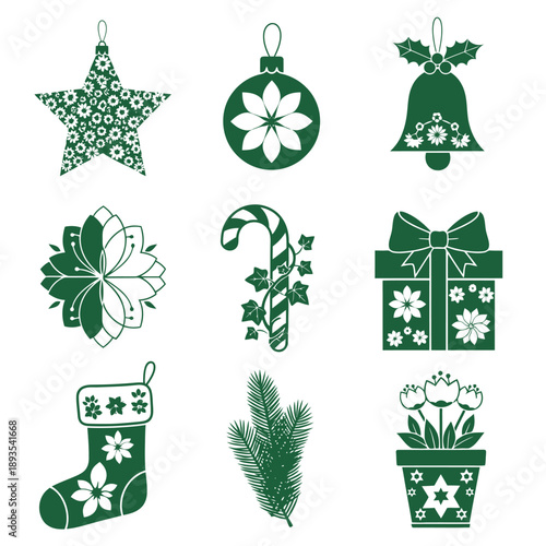 Nine abstract Christmas ornaments star, bell, stocking are illustrated in this duotone graphic icon set, featuring stylized winter floral patterns in bold Emerald Green and Snowy White shapes
