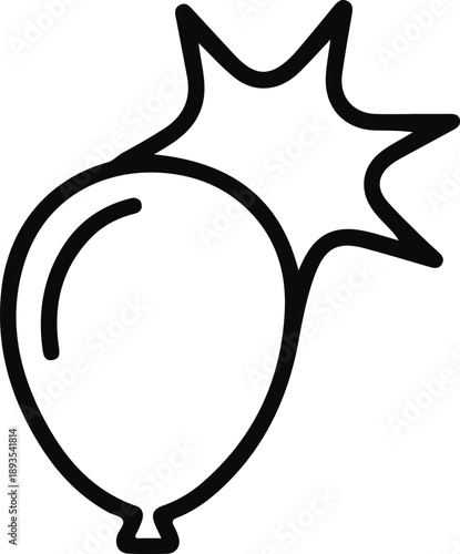 Popped balloon outline icon party symbol, Black outline illustration of a balloon popping with burst shape, representing surprise, celebration mishap, noise, or sudden failure in party concepts.


