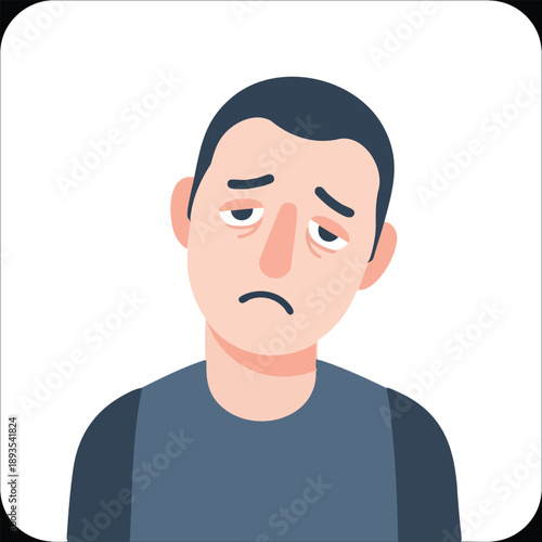 Tired sad young man close-up portrait, exhaustion and disappointment emotion concept, flat vector illustration.
