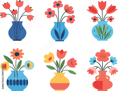 Colorful flower vase vector set with modern floral bouquets and decorative pots for home decor and interior design