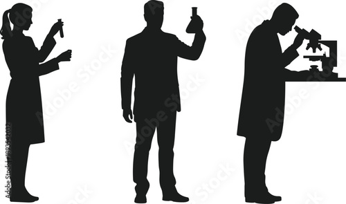 Black silhouette scientists working in laboratory showing researcher with microscope and test tubes, professional science experiment teamwork isolated on white background for research concept design