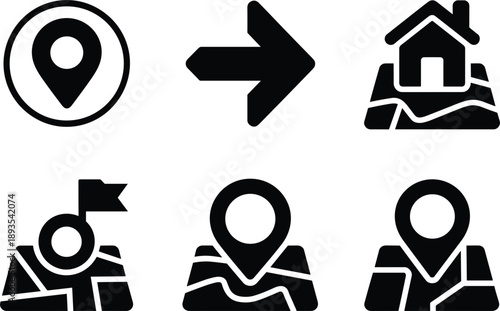 Set of bold black map and navigation icons featuring location pins house marker and direction arrow isolated on grey background