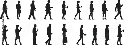 Black silhouettes of walking business people in side view, urban commuter figures isolated on white background, modern lifestyle, crowd movement illustration concept design
