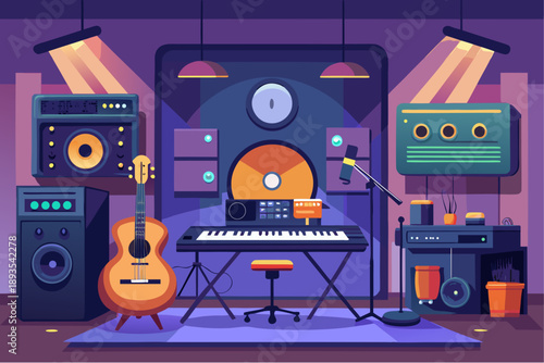 Modern music studio interior with keyboard, guitar, speakers, microphone and sound equipment