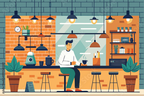Cozy coffee shop interior with man drinking coffee at counter, brick wall, plants and hanging lights