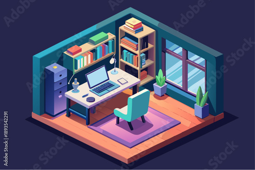Isometric illustration of a cozy home office interior with desk, laptop, bookshelves and window view