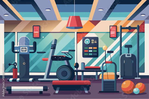 Modern fitness gym interior with workout equipment, cardio machines, benches and colorful design