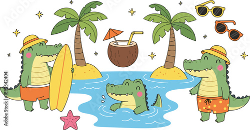 Cute Summer Crocodile Characters on Tropical Beach with Surfboard, Coconut Drink, Palm Trees, and Vacation Cartoon Vector Illustration