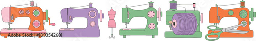 Colorful sewing machine vector set with scissors, thread spool and dress form for craft, tailoring and fashion design