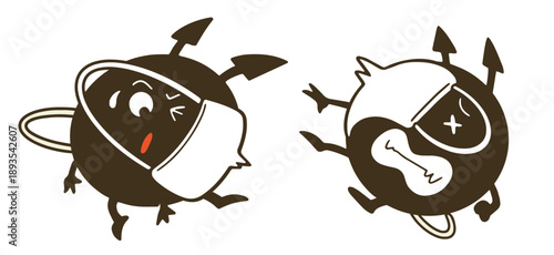 マスクにやっつけられているウイルスのイラストレーションセット。