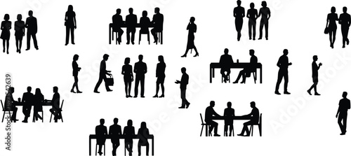 Business people silhouettes isolated on white background showing meetings, discussions, teamwork, office interactions for corporate communication, collaboration, and workplace lifestyle concepts