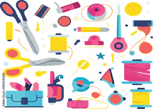 Colorful sewing tools and tailoring equipment flat vector illustration set for handmade craft and fashion design projects