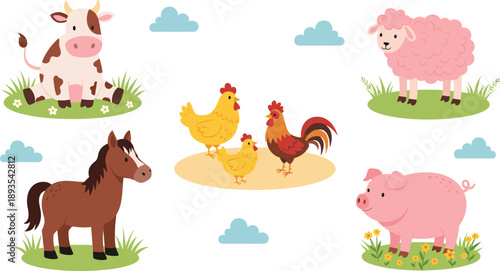 Cute Farm Animals Illustration Set with Cow, Chicken, Rooster, Sheep, Pig, and Horse in Pasture Cartoon Vector Style