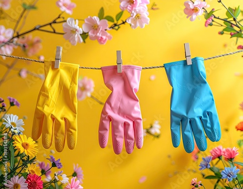 Colorful rubber gloves hanging on a clothesline with spring flowers