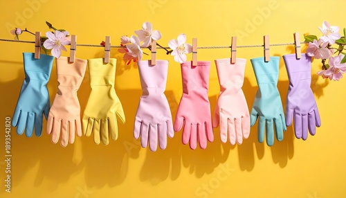 Colorful rubber gloves hang drying on a clothesline against a yellow backdrop