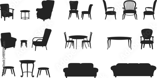Collection of furniture silhouettes including chairs tables sofas and armchairs isolated on white background for interior design home decor and modern furniture concepts