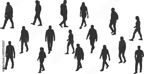 Collection of walking people silhouettes isolated on white background showing diverse men and women pedestrians in motion for urban lifestyle and business concepts