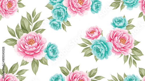 Elegant Seamless Floral Pattern with Pink and Blue Roses, Green Leaves, and Botanical Elements for Fabric, Wallpaper, and Surface Design