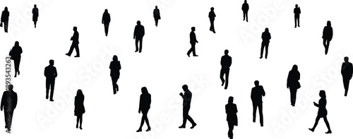 Minimal walking people silhouettes isolated on white background showing distant men and women pedestrians in motion for modern urban lifestyle and crowd concepts
