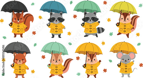 Cute Cartoon Forest Animals with Umbrellas and Raincoats Illustration Set for Autumn Weather, Kids Designs, Nursery Decor, and Playful Fall Graphics