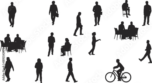 People silhouettes isolated on white background showing daily interactions including walking, sitting, meetings, social activities for urban lifestyle and communication concepts