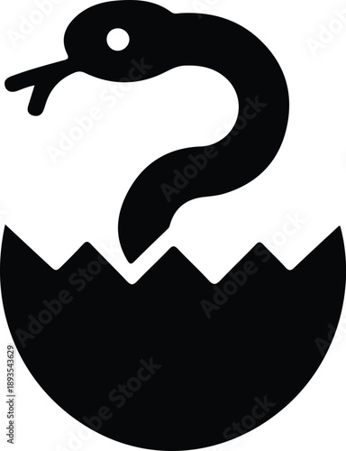 Snake hatching from egg silhouette icon, Black silhouette of a snake emerging from an egg, representing birth, danger, surprise, reptiles, nature symbolism, and unexpected beginnings.

