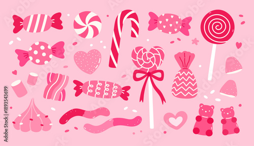 A cute set with various sweets - candies, lollipops, marshmallows, meringues, marmalade on a pink background. Vector hand-drawn illustration in a flat style. Perfect for decorations, logo, menu.
