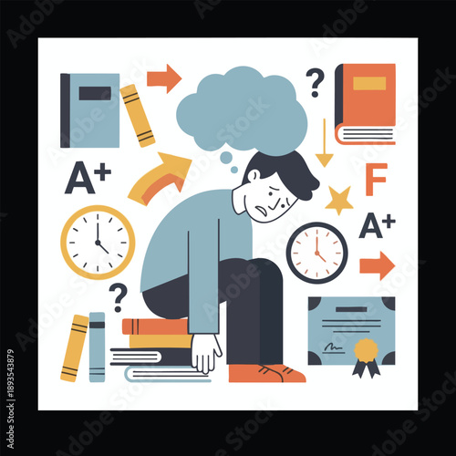 Student surrounded by grades, books and clock under exam pressure, academic stress and achievement concept, flat vector illustration.
