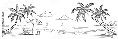 Panoramic Vector Beach View Illustration with Palm Trees and Parasol, Black and White Handmade Drawing Style, Scenic Coastal Landscape Artwork for Posters, Prints and Creative Design